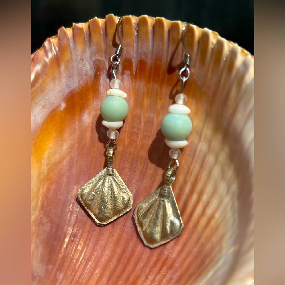 Handmade Vintage Puka Shell and Genuine Natural Amazonite Stone Earrings
